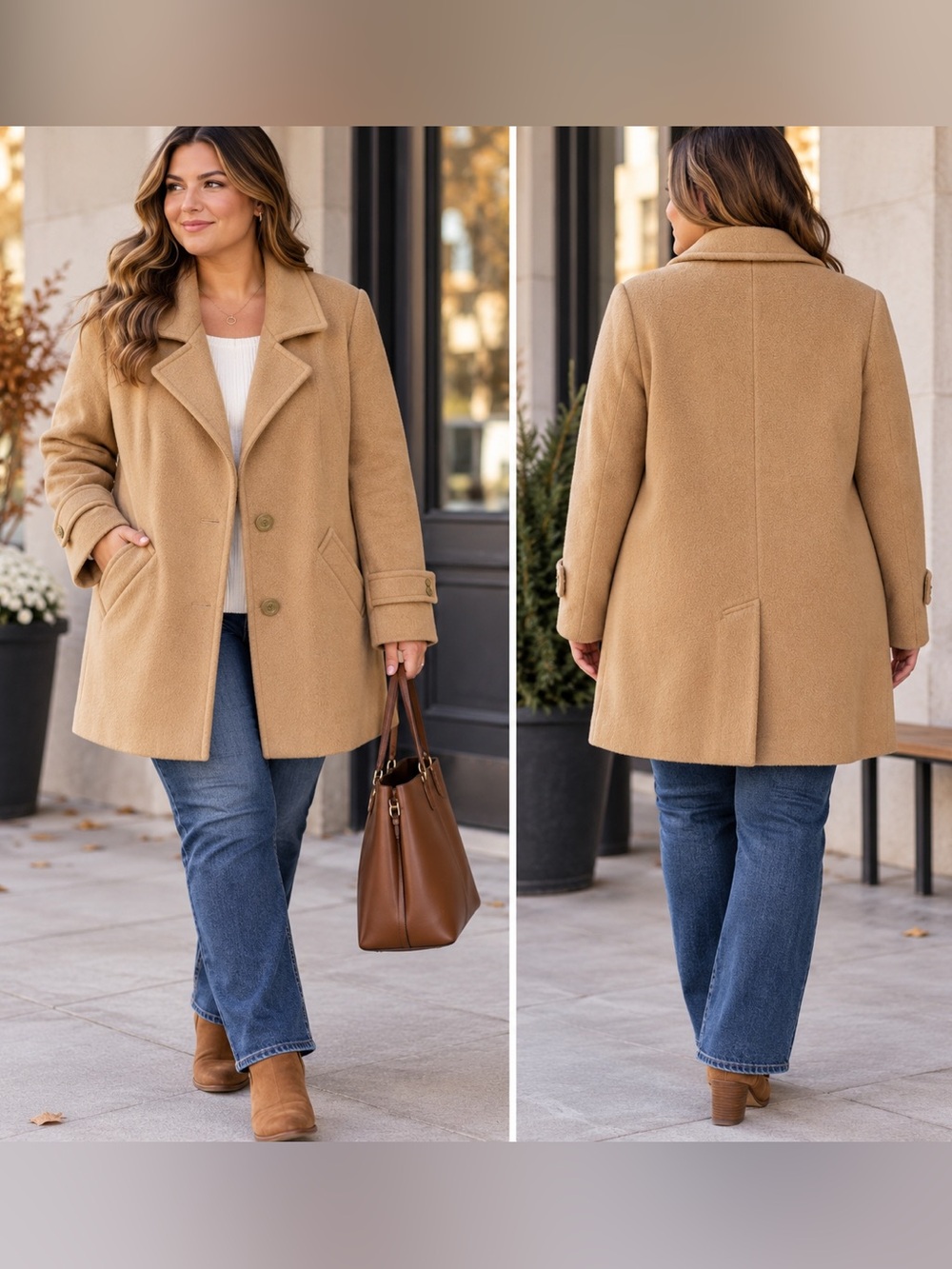 Vintage Evan-Picone 100% Wool Camel Tan Peacoat Coat Women’s Size 14
